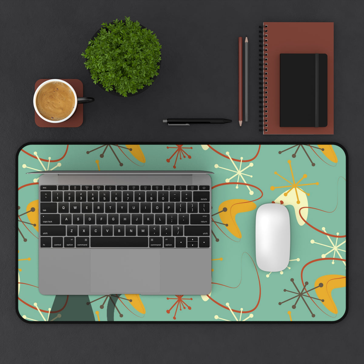 Atomic Cat Boomerang Retro Mid Century Modern Green, Brown, Yellow, Beige MCM Home Decor Desk Mat - Mid Century Modern Gal