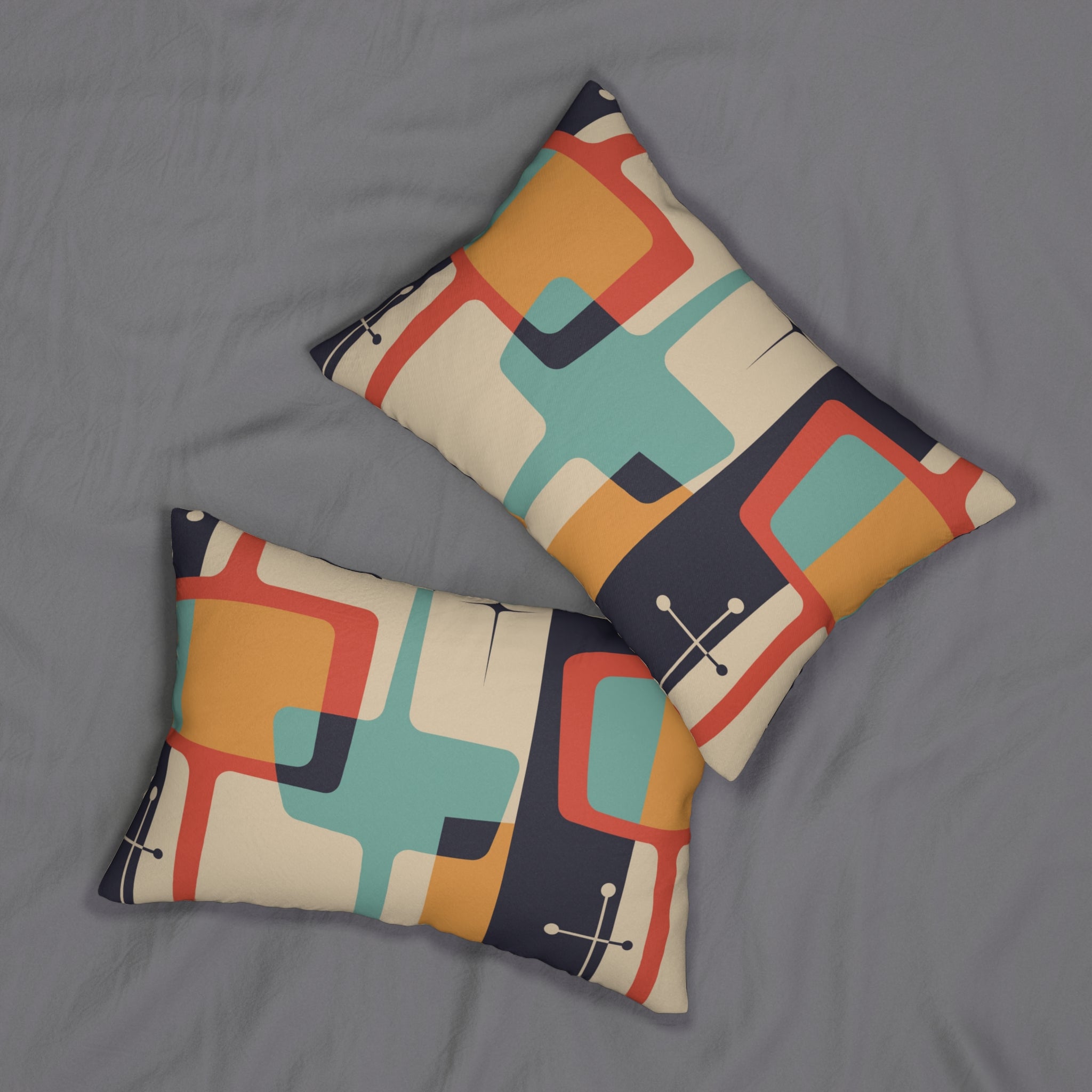 Mid Century Modern Geometric, Teal Aqua Blue, Mustard Yellow, Coral, Atomic Starburst Retro Lumbar Pillow - Mid Century Modern Gal