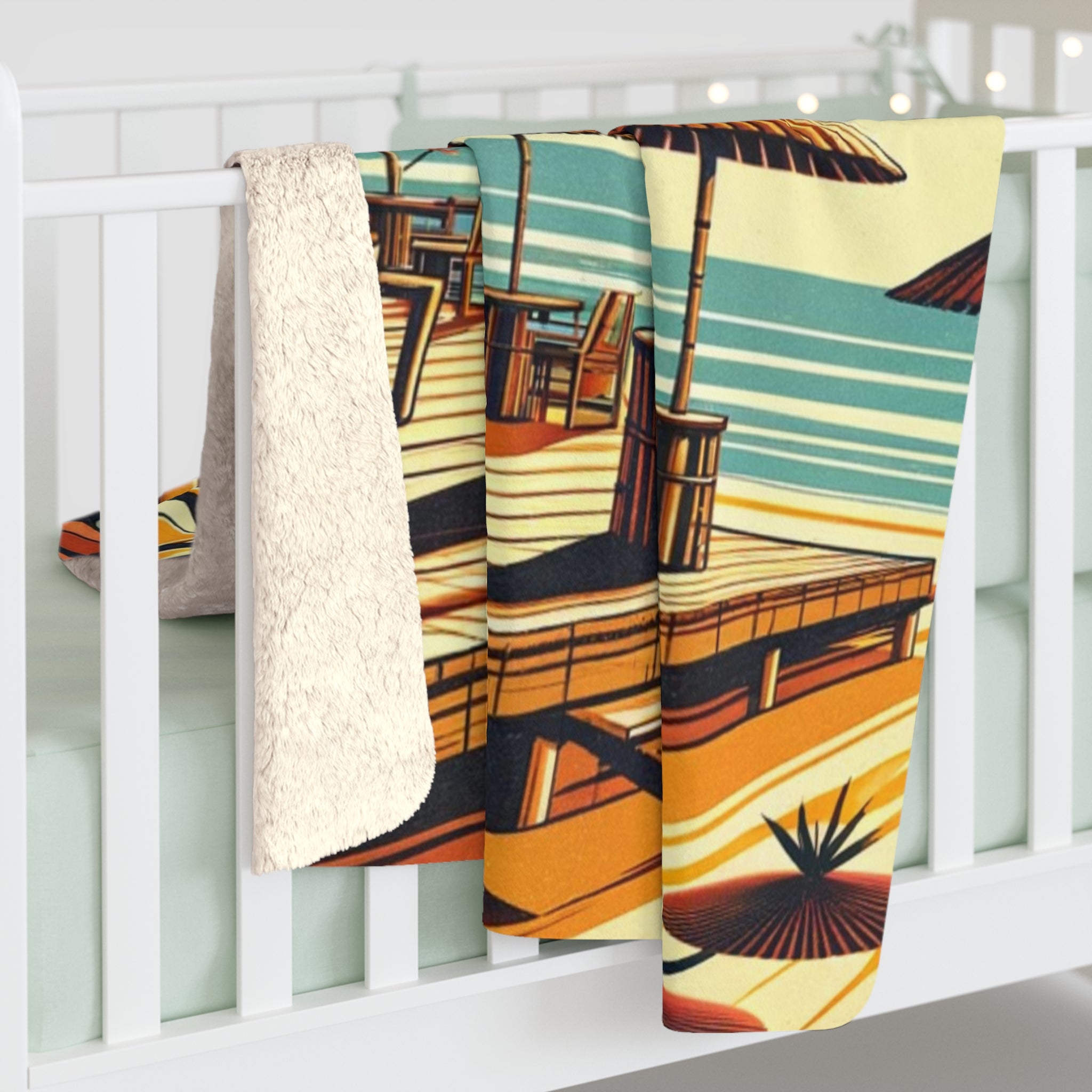 Mid Century Modern Retro Tiki Idol, Tiki Bar, Sunset Beach, MCM Sherpa Fleece Blanket - Mid Century Modern Gal