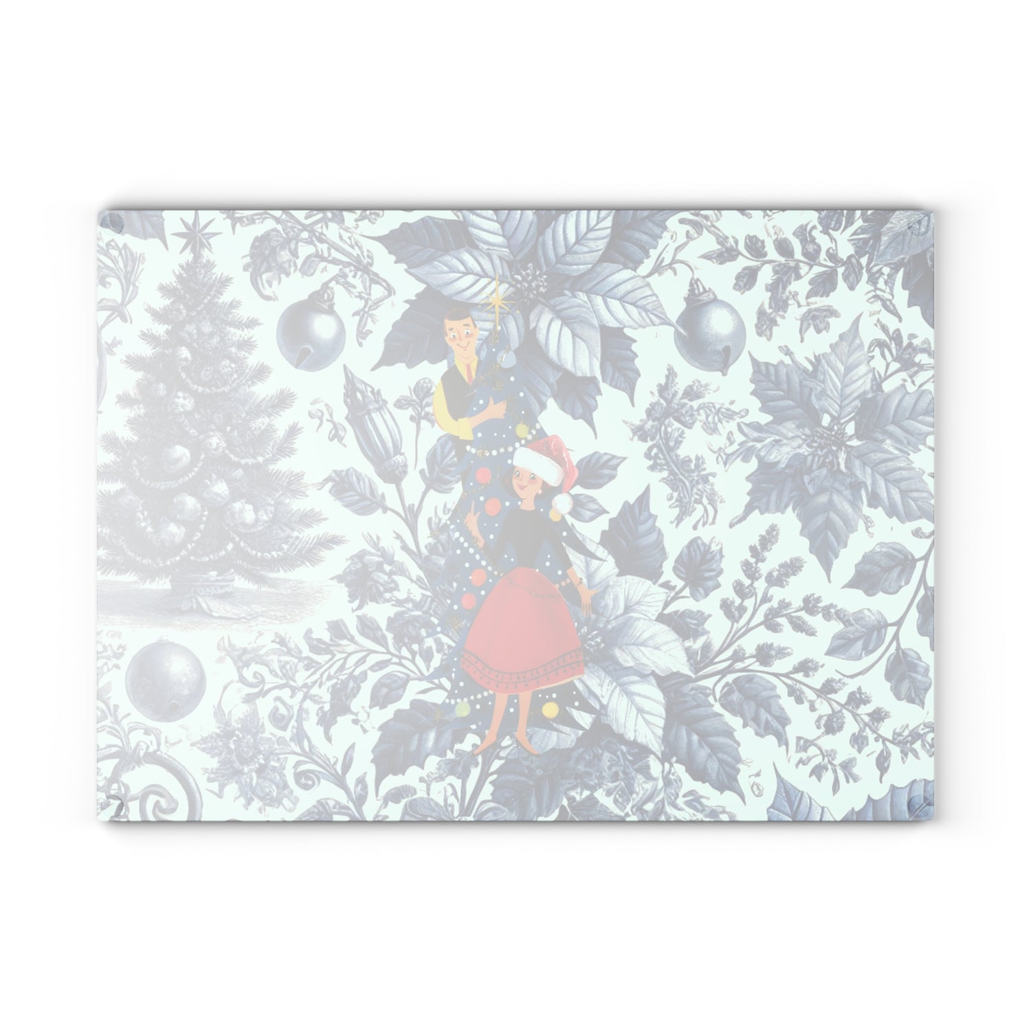 Christmas Toile, Blue White Kitschy Mod 50s Style Holiday Cheese Glass Cutting Board - Mid Century Modern Gal