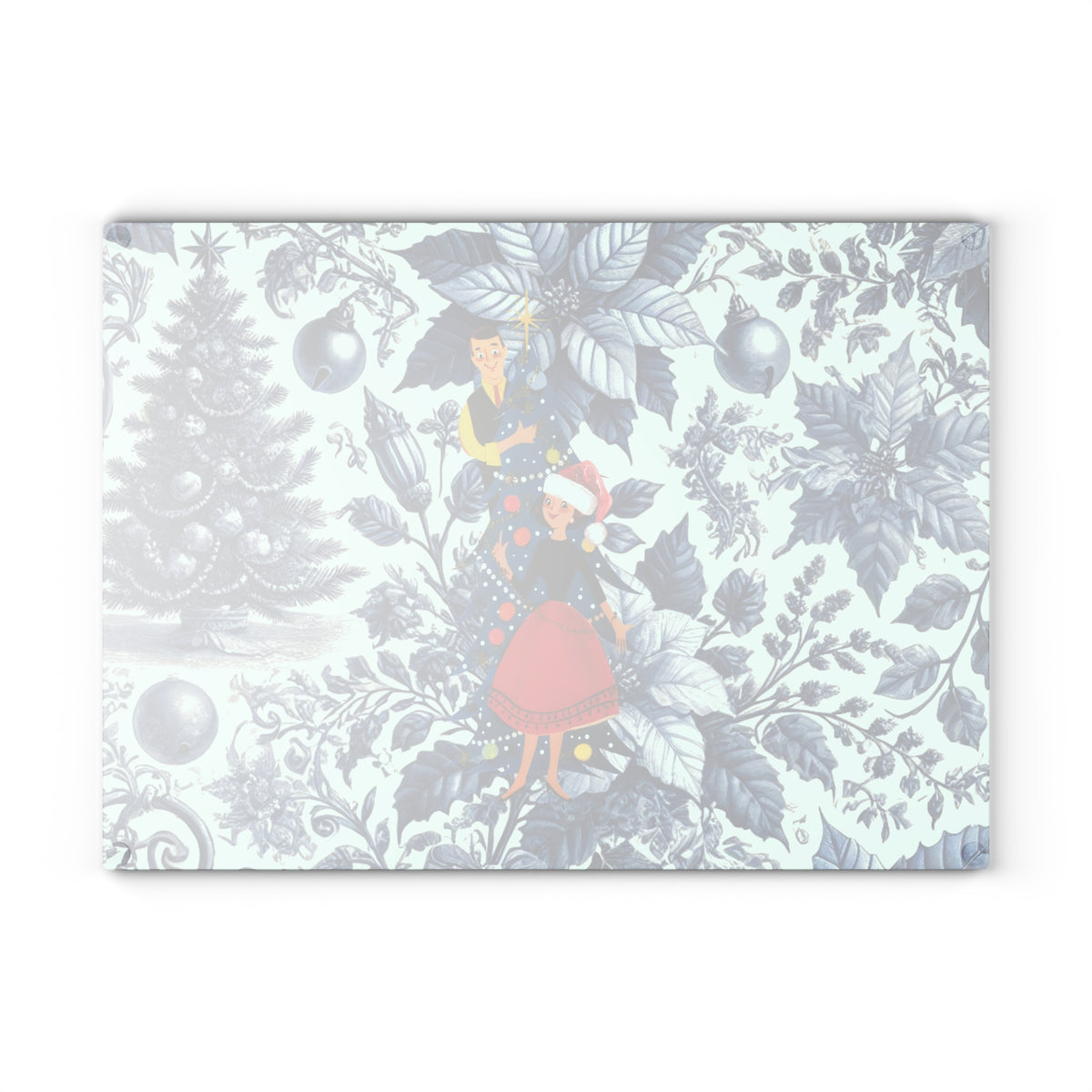 Christmas Toile, Blue White Kitschy Mod 50s Style Holiday Cheese Glass Cutting Board - Mid Century Modern Gal