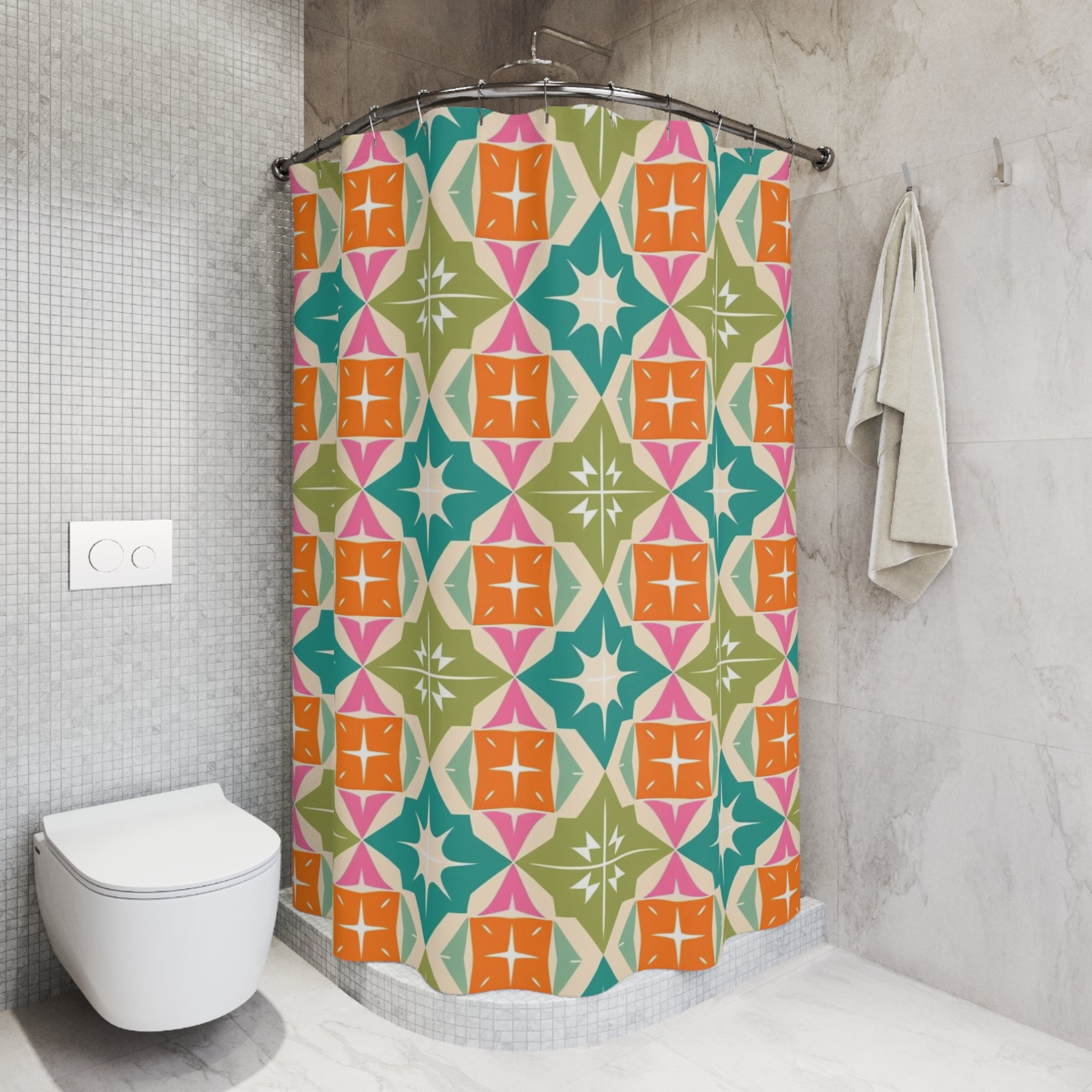 Mid Century Modern Atomic Diamond Starburst, Vibrant Geometric Shower Curtain - Colorful Modern Bathroom Decor - Mid Century Modern Gal