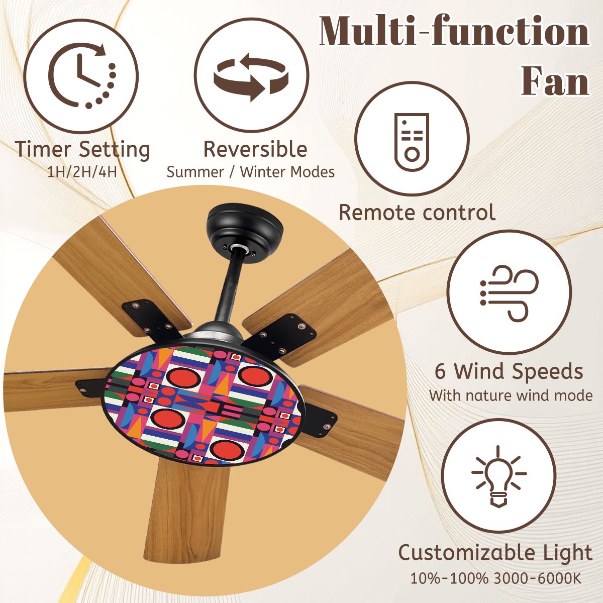 Mid Century Modern Bauhaus Red, Blue, Green Yellow Geometric Designed Ceiling Fan With Light - Mid Century Modern Gal
