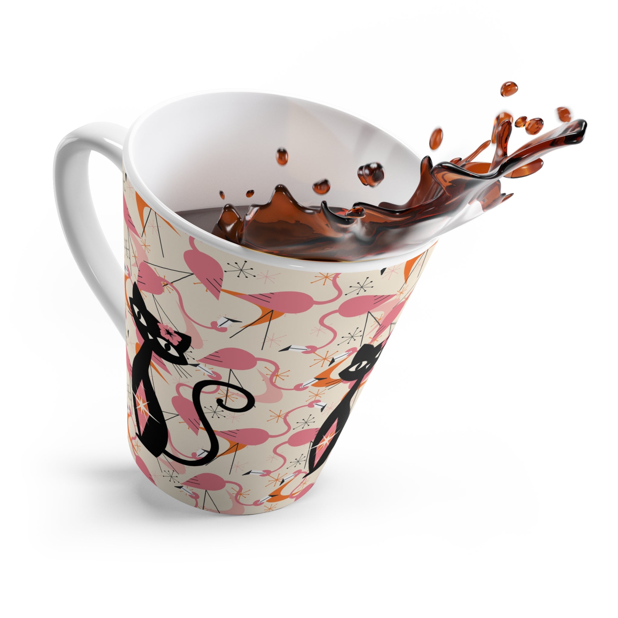 Atomic Cat, Kitschy Mod Dancing Flamingos Fun Ceramic Coffee Cup for Cat Lovers - Mid Century Modern Gal