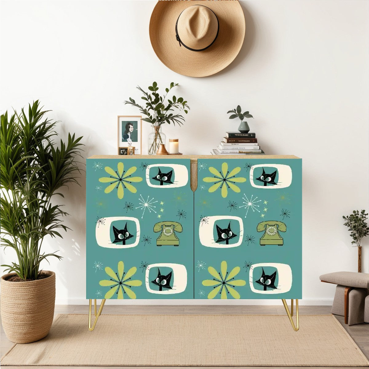 Mid Century Modern Storage Cabinet With Atomic Kitties Retro Wooden Storage Cabinet - Mid Century Modern Gal