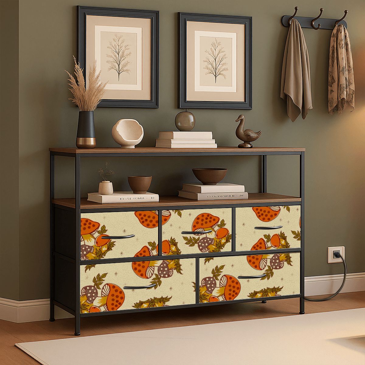 Merry Mushroom 70's Hippie Boho Orange, Groovy Cottagecore Mushroom TV Stand Media Console - Mid Century Modern Gal