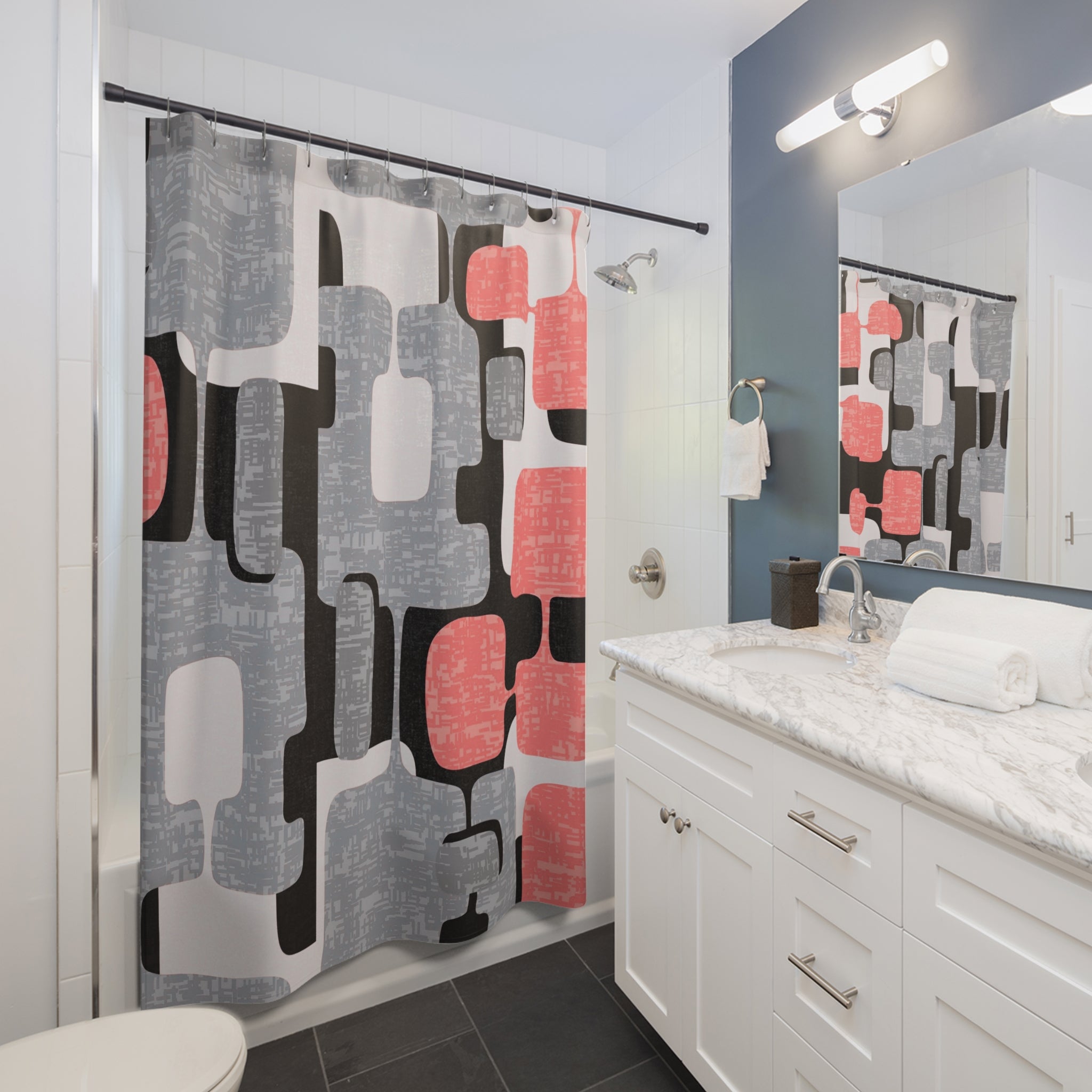 Mid Century Modern Shower Curtain Geometric, Coral Pink, Black, Gray, White, MCM Shower Curtain - Mid Century Modern Gal