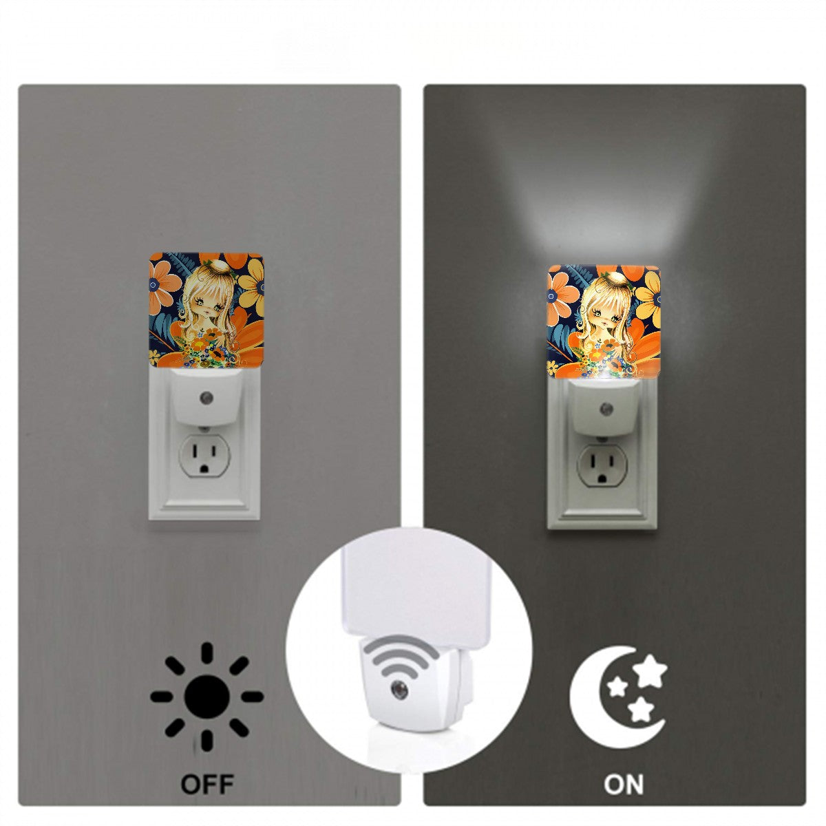 70s Big Eyed Groovy Gal, Mod Flower Power LED Night Light Set of 2 - Mid Century Modern Gal