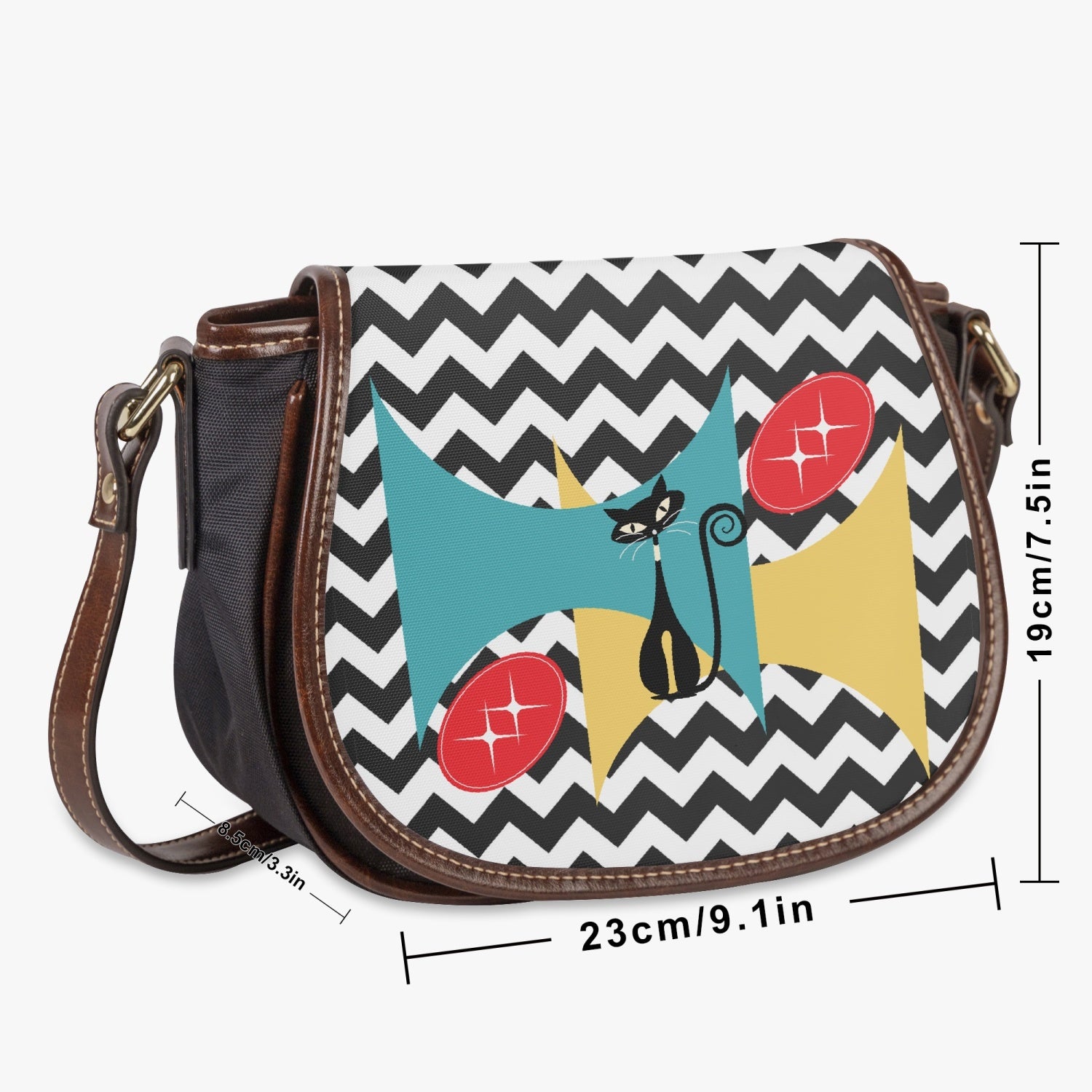 Atomic Cat Chevron Black And White Kitschy Hobo Crossbody Bag - Mid Century Modern Gal