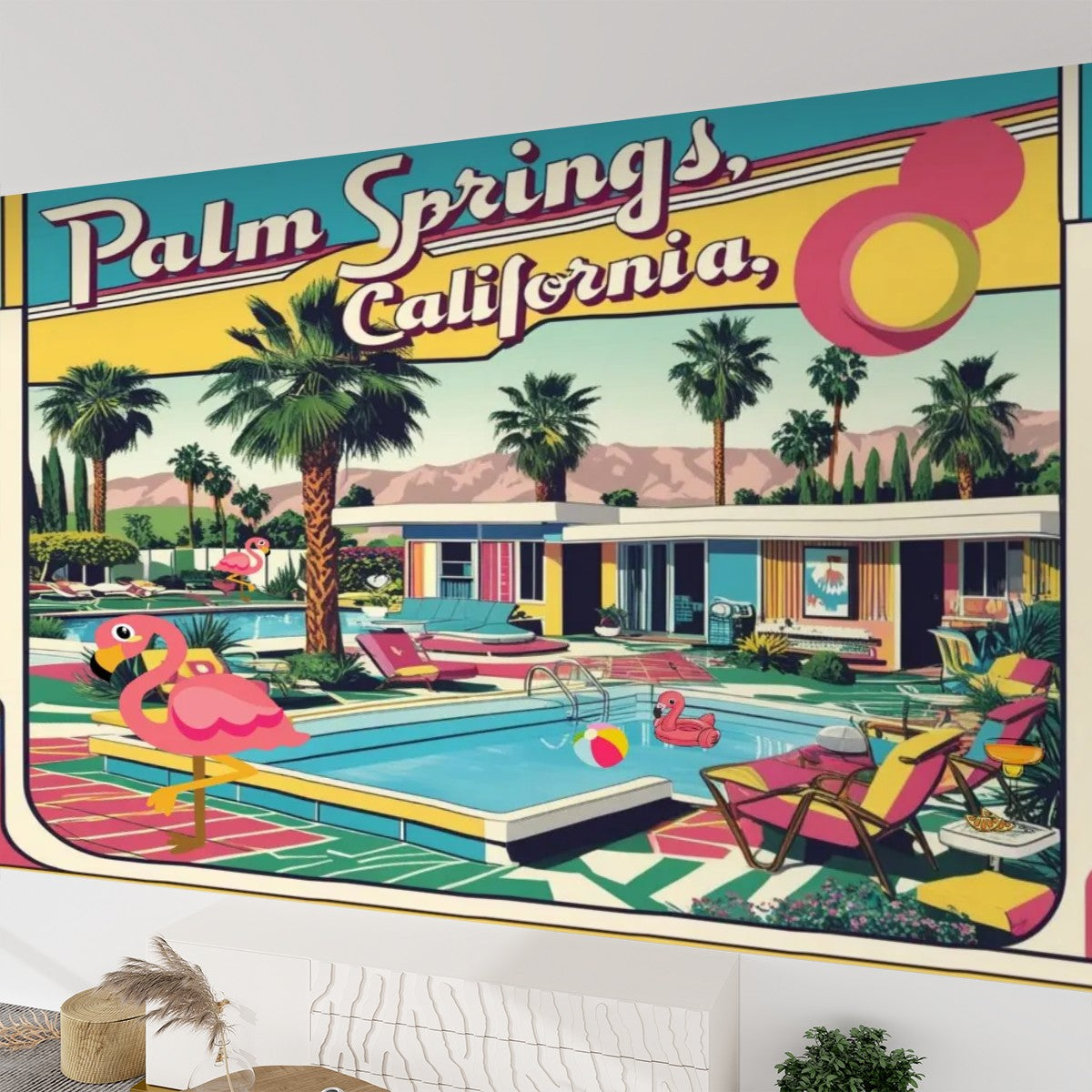 Palm Springs California Flamingo Kitschy Mid Mod Peel And Stick Canvas Self Adhesive Wallpaper - Mid Century Modern Gal