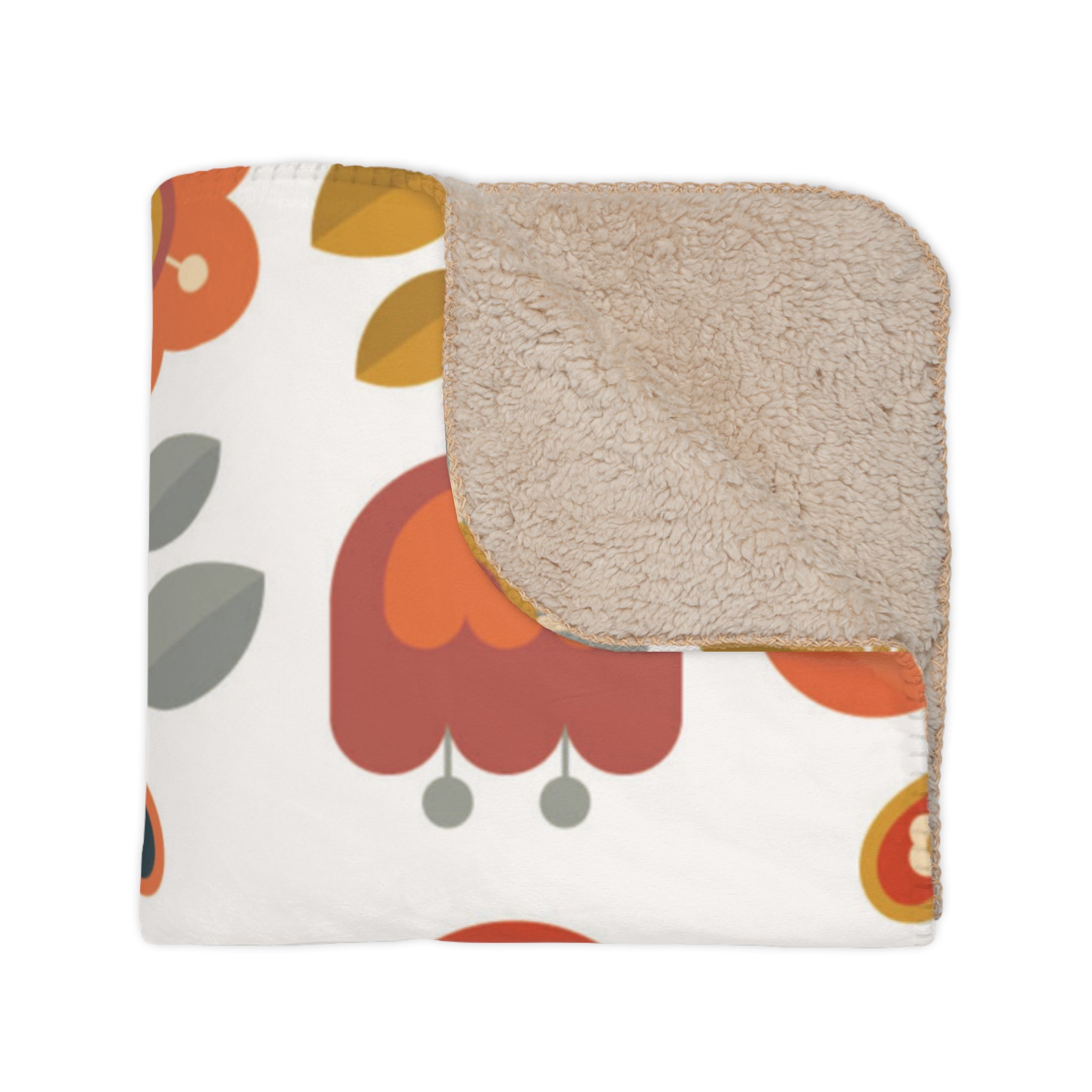 Retro Scandinavian Modern Danish Cozy Floral Tan Sherpa Blanket - Soft Throw Blanket for Home Decor & Gifts - Mid Century Modern Gal