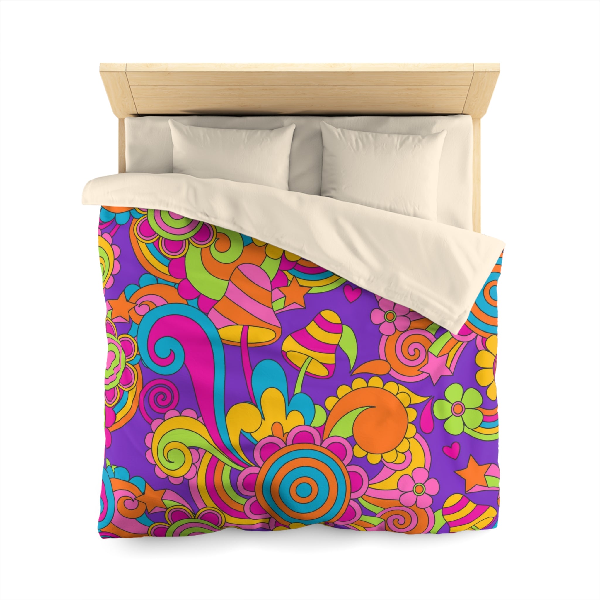 60s 70s Groovy Retro Purple, Pink Orange, Mushroom, Hippie Style Microfiber Duvet Cover - Mid Century Modern Gal
