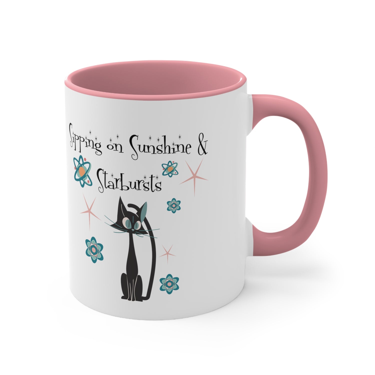 Atomic Cat Coffee Mug, Sipping On Sunshine, Mid Century Modern Style, Atoms, Starbursts Gifts For Couples, Mom, Mid Mod Friend - Mid Century Modern Gal