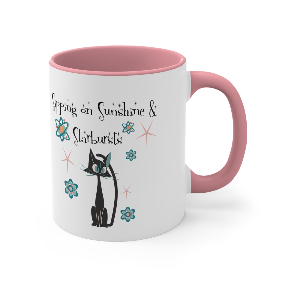 Atomic Cat Coffee Mug, Sipping On Sunshine, Mid Century Modern Style, Atoms, Starbursts Gifts For Couples, Mom, Mid Mod Friend - Mid Century Modern Gal