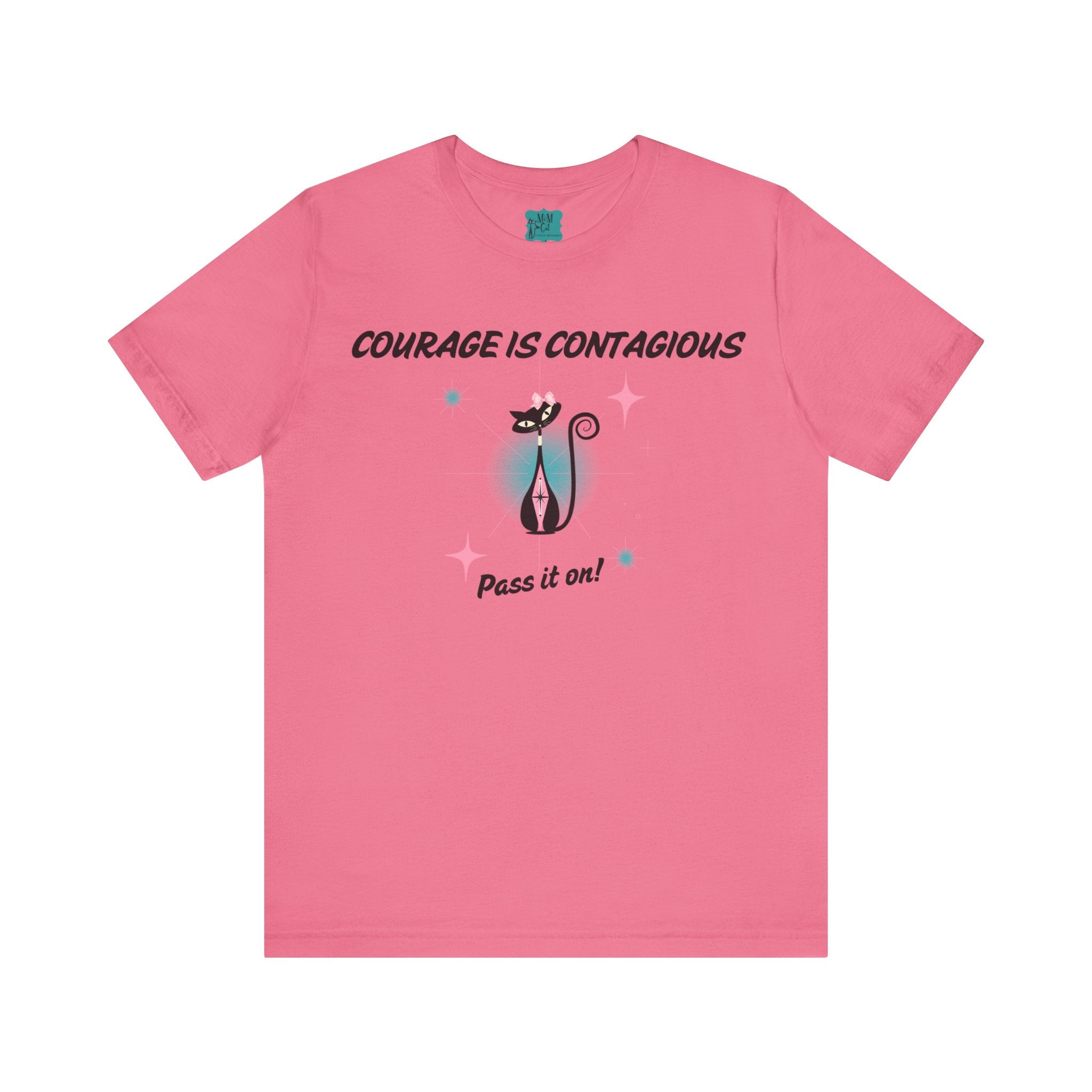 Breast Cancer Shirt, Courage Is Contagious Breast Cancer Support, Warrior, Survivor, Chemo Day Atomic Cat Pretty Short Sleeve Tee - Mid Century Modern Gal