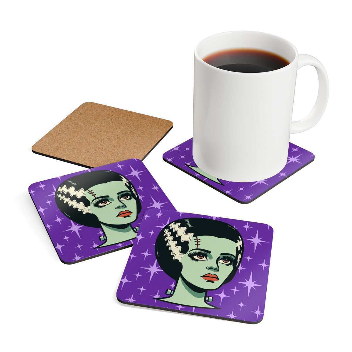 Bride of Frankenstein Retro Mid Mod Horror Buff Purple Halloween Corkwood Coaster Set - Mid Century Modern Gal