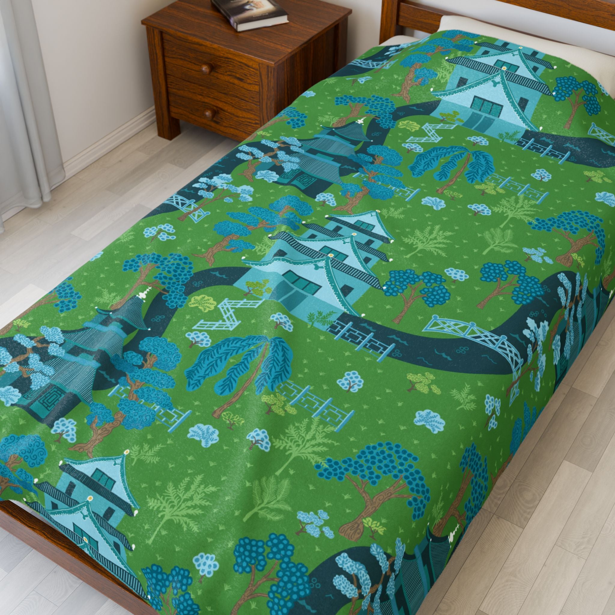 Chinoiserie Throw Blanket, Green, Blue Serene Garden Velveteen Plush Blanket - Cozy Floral Design - Mid Century Modern Gal
