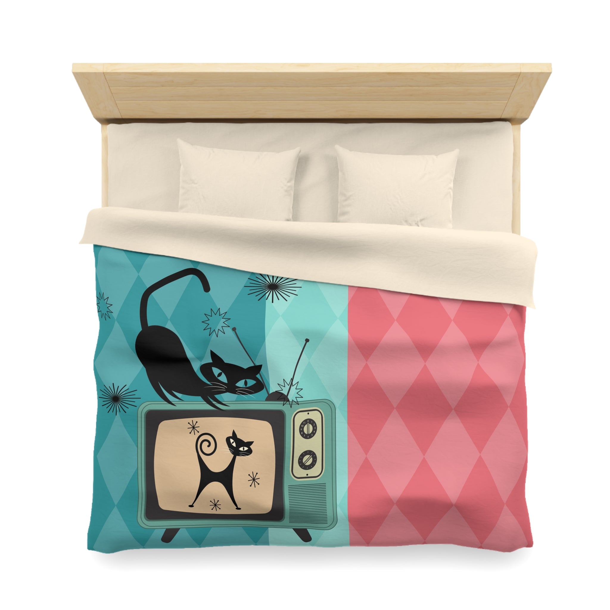 Atomic Kitties, Mid Mod Harlequin Diamond Pattern, Pink, Teal, Light Mint, Retro Mod Duvet Cover - Mid Century Modern Gal