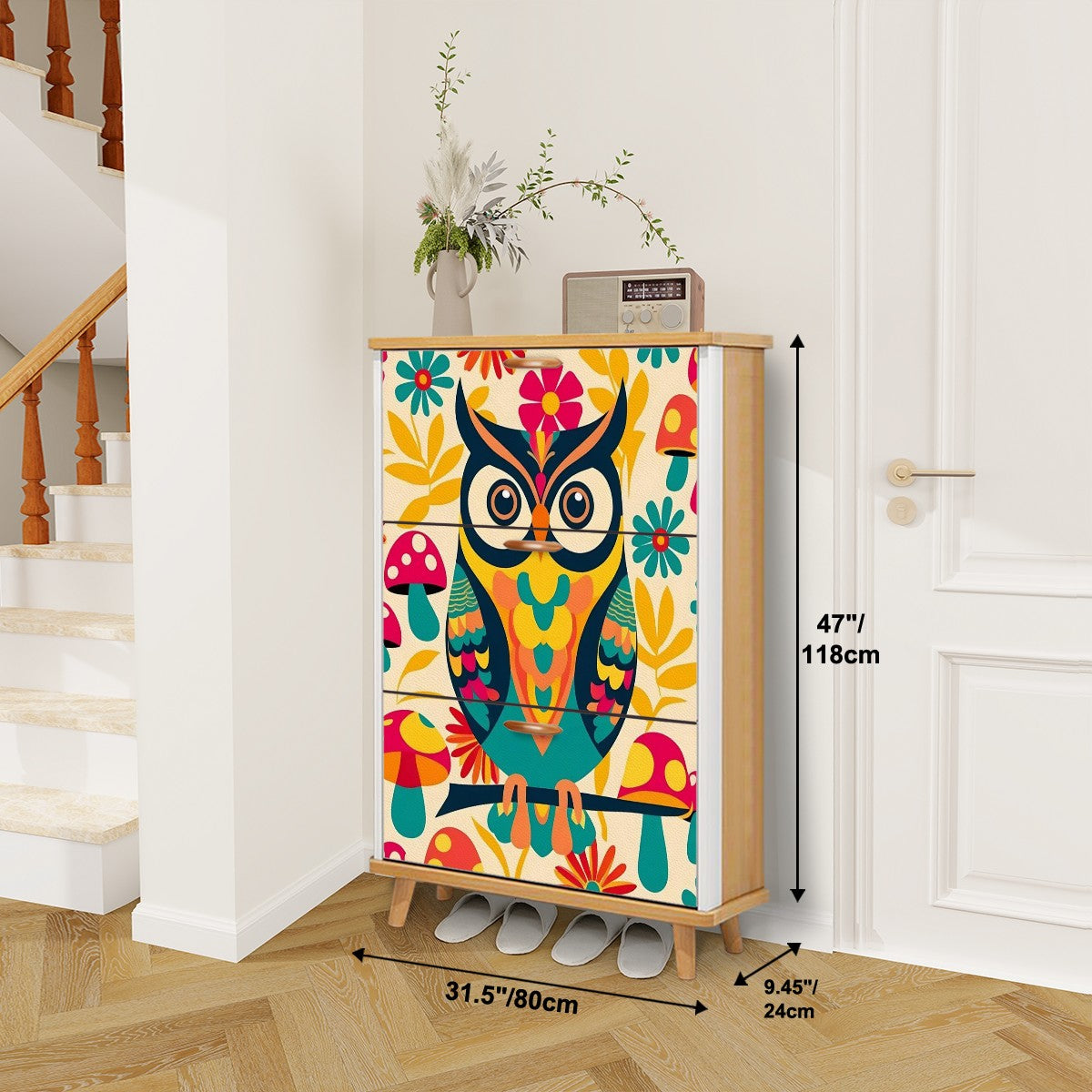 Retro 1970s Owl Mushroom Floral Mid Mod Shoe Storage Cabinet - Mid Century Modern Gal