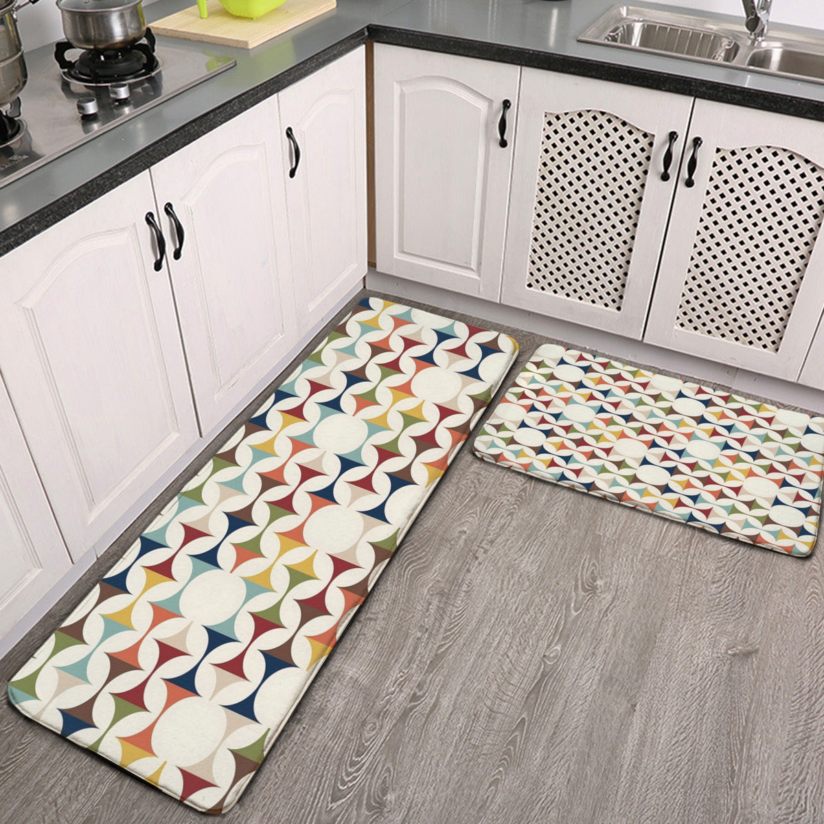 Mid-century modern Scandinavian kitchen and bath heavy-duty floor mat featuring colorful geometric patterns on a light background.