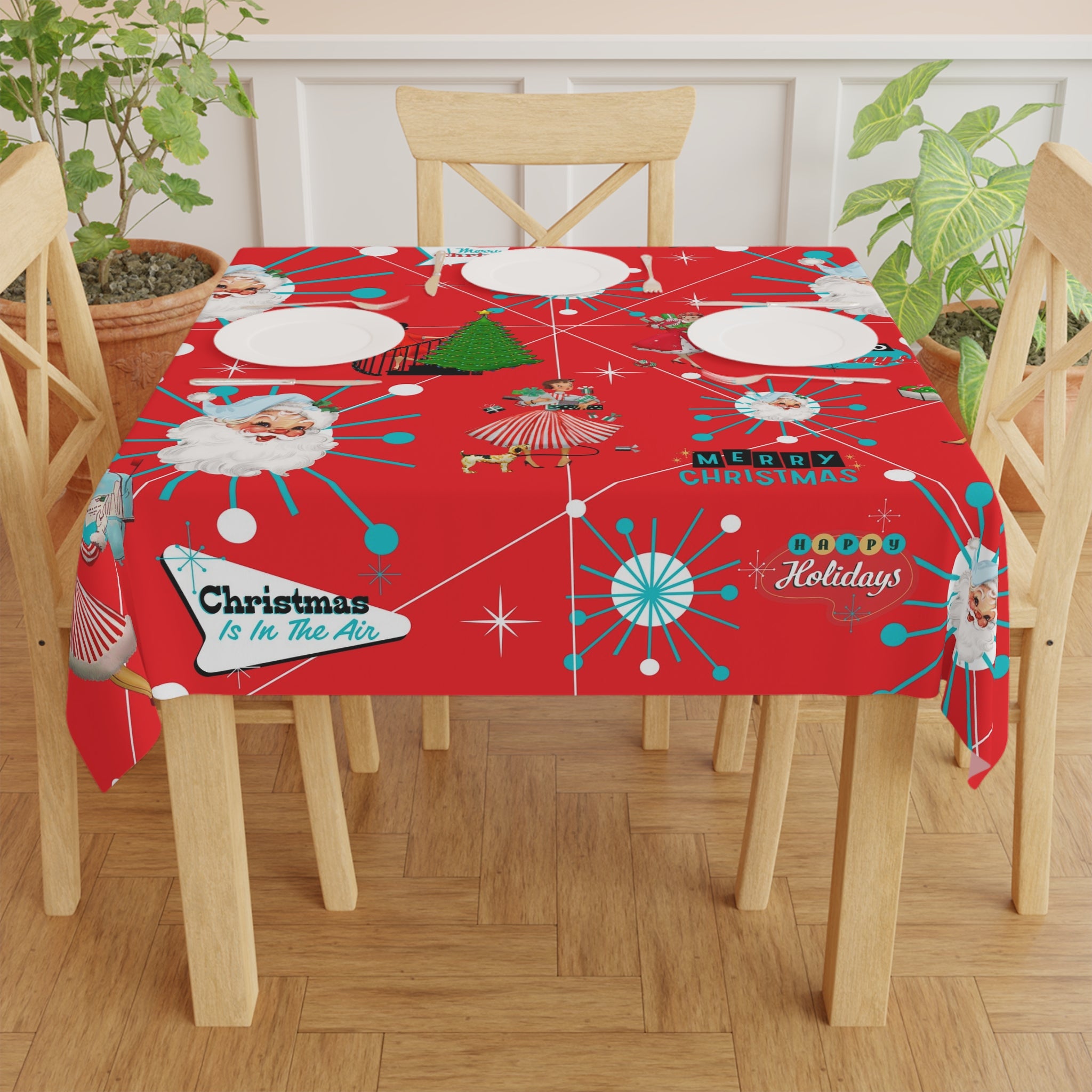Mid Century Modern Christmas Vintage Red HolidayTablecloth - Festive Holiday Decor with Santa & Cheerful Designs - Mid Century Modern Gal