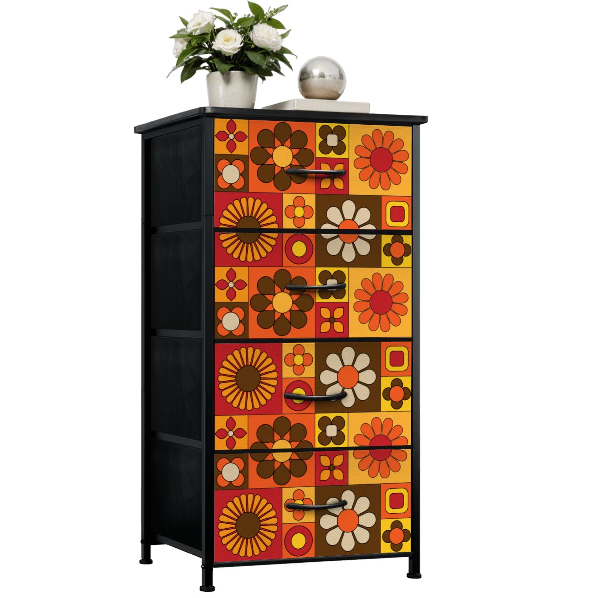 Retro 70s Mod Floral Orange Brown Yellow Mid Mod Hip 4-Drawer Dresser - Mid Century Modern Gal