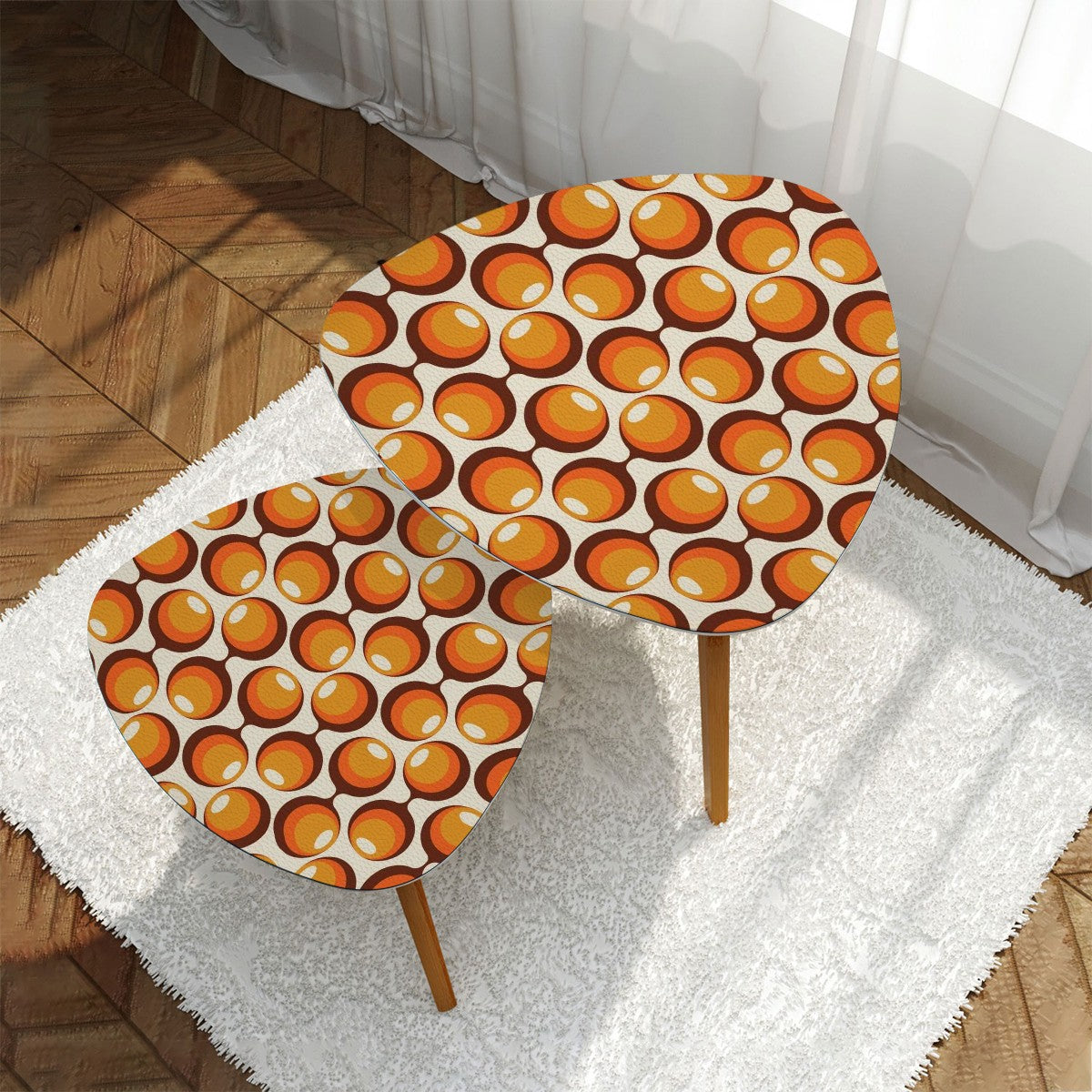 Space Orbs Mid Century Modern Nesting Tables, Orange Brown Retro Triangle Coffee Table Set of 2 - Mid Century Modern Gal