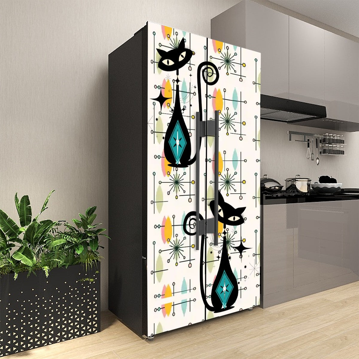 Atomic Cat Mid Century Modern Starburst, Retro Mod Self Adhesive Refrigerator Wrap Set - Mid Century Modern Gal