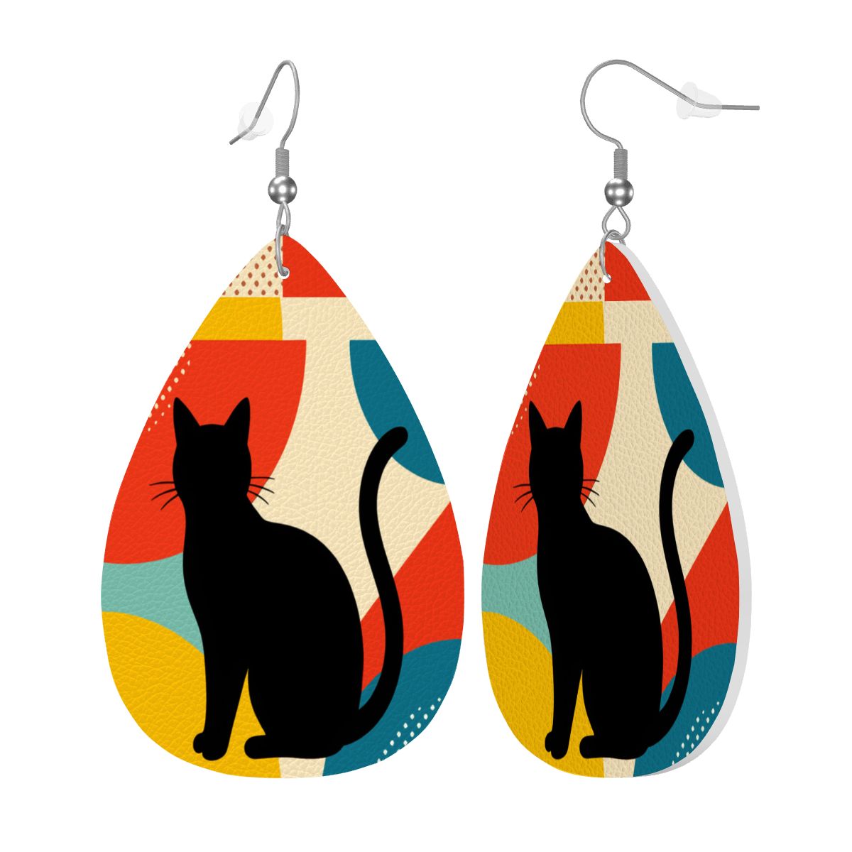 Pop Art Black Atomic Cats, Red Blue Yellow, Vegan Leather Teardrop Earrings - Mid Century Modern Gal