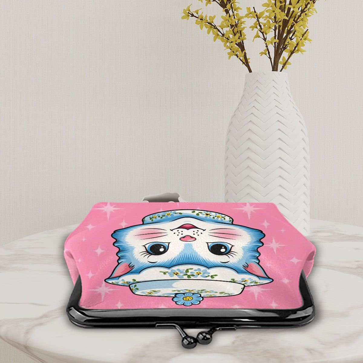 Mid Century Modern Kitschy Anthropomorphic Blue Cat with Floral Hat - Mid Century Modern Gal