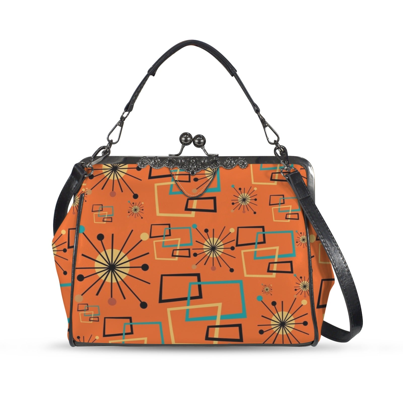 Mid Century Modern Sinatra Orange, Starburst, Geometric Funky Fun Kisslock Crossbody Purse - Mid Century Modern Gal