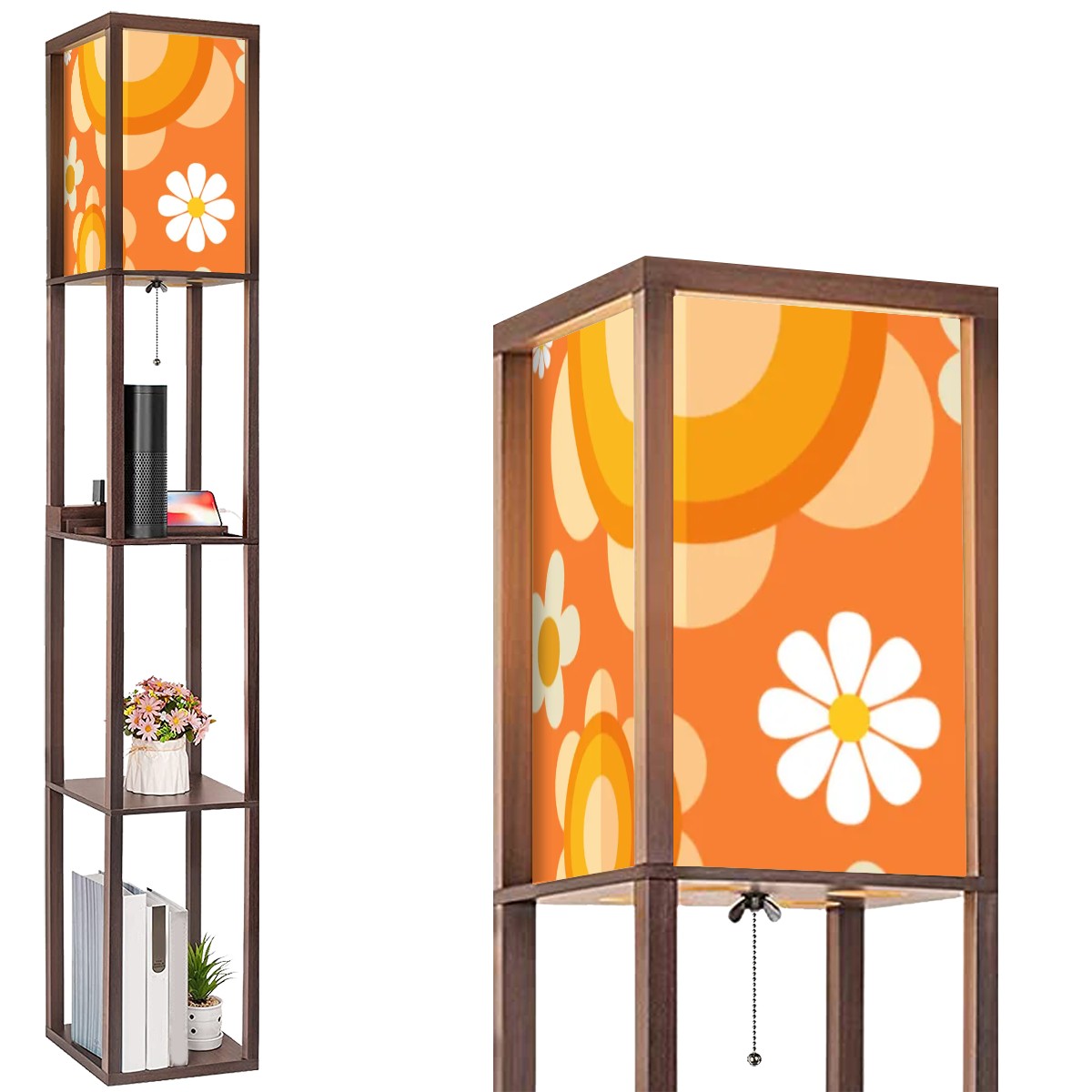 Flower Power Retro Mod Daisy Orange, Mid Century Modern Floor Lamp with Shelves - Mid Century Modern Gal