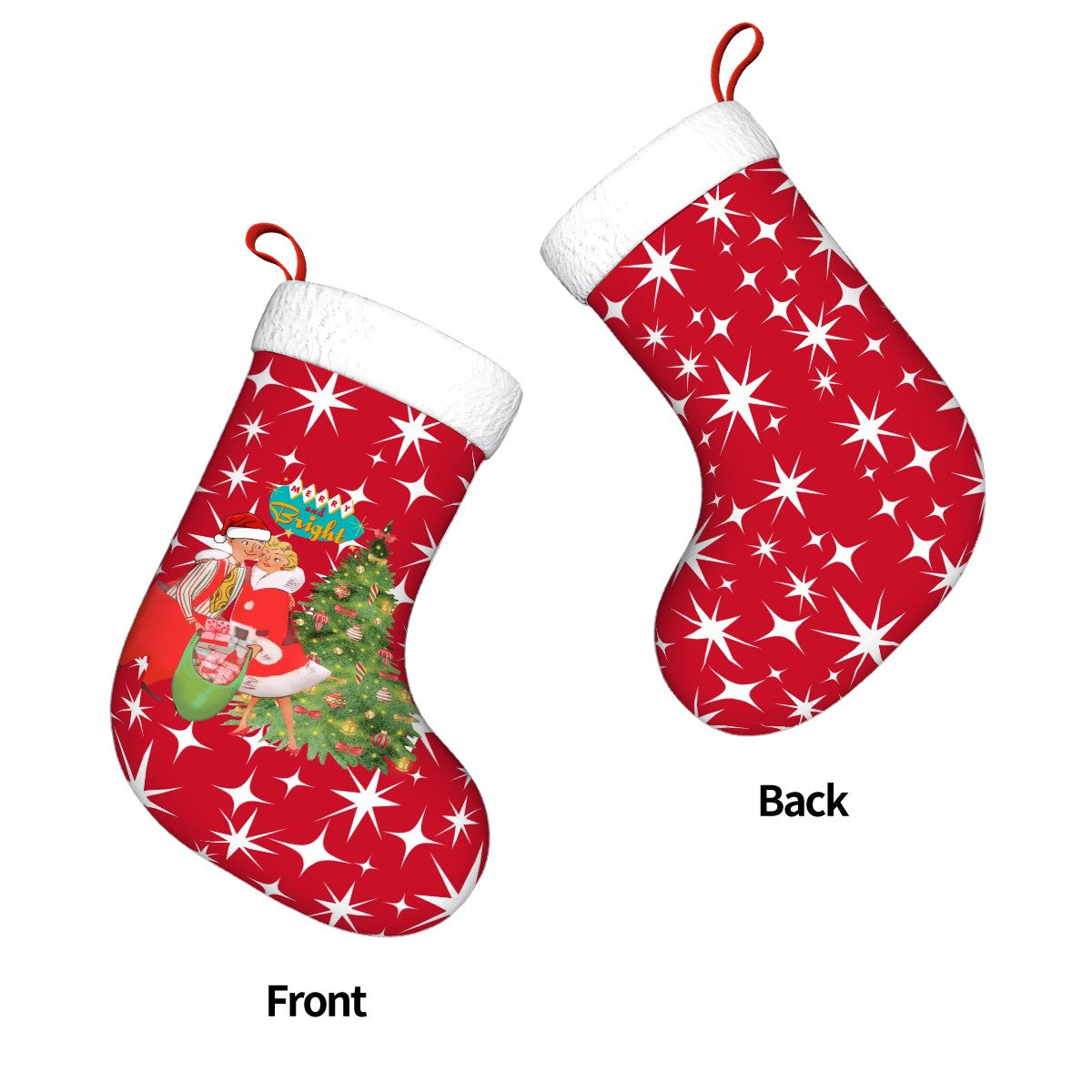 Mid Century Modern Red Starburst, Kitschy Mod Couple Plush Christmas Stocking - Mid Century Modern Gal