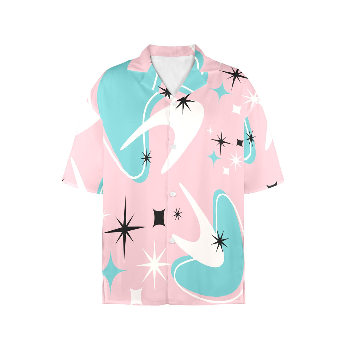 Atomic Pink Boomerang Aqua, White Retro Mid Mod Women's Hawaiin Shirt - Mid Century Modern Gal
