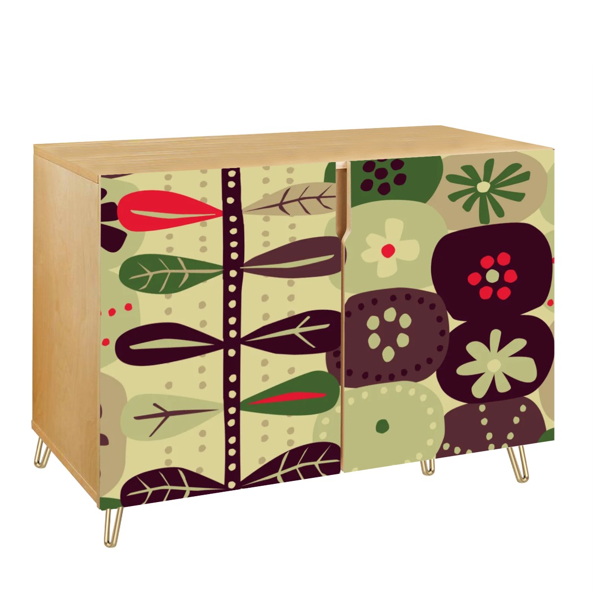 Boho Retro Brown Green Sage Scandinavian Floral Designed Mid Century Modern Wooden Storage Cabinet - Mid Century Modern Gal
