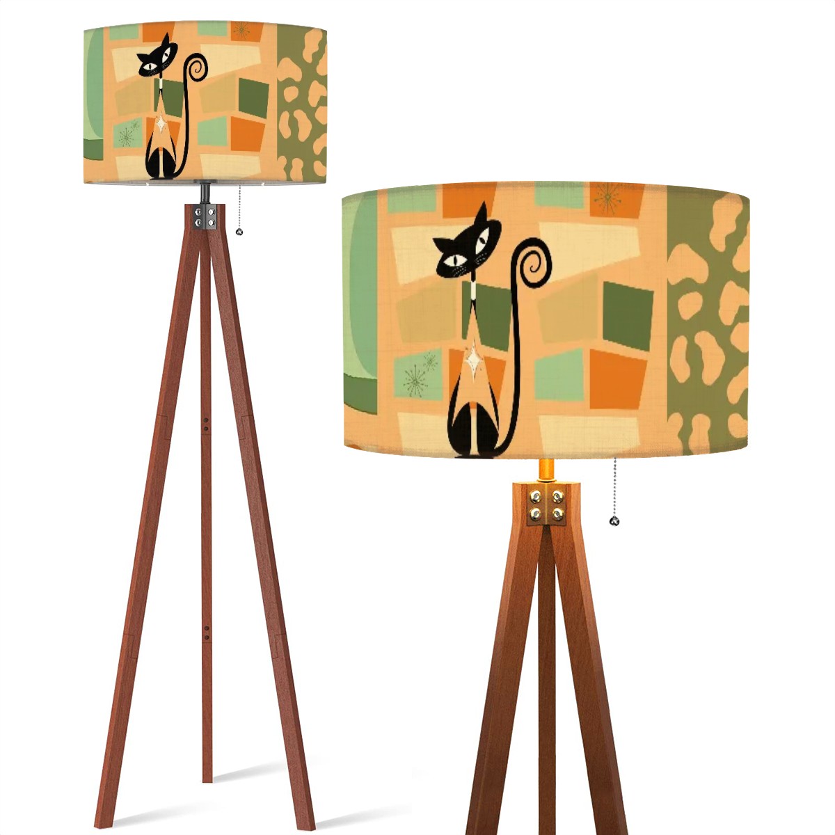 Atomic Cat Mid Century Modern Tripod Floor Lamp, Light Coral Orange, Green Mod Home Lighting - Mid Century Modern Gal