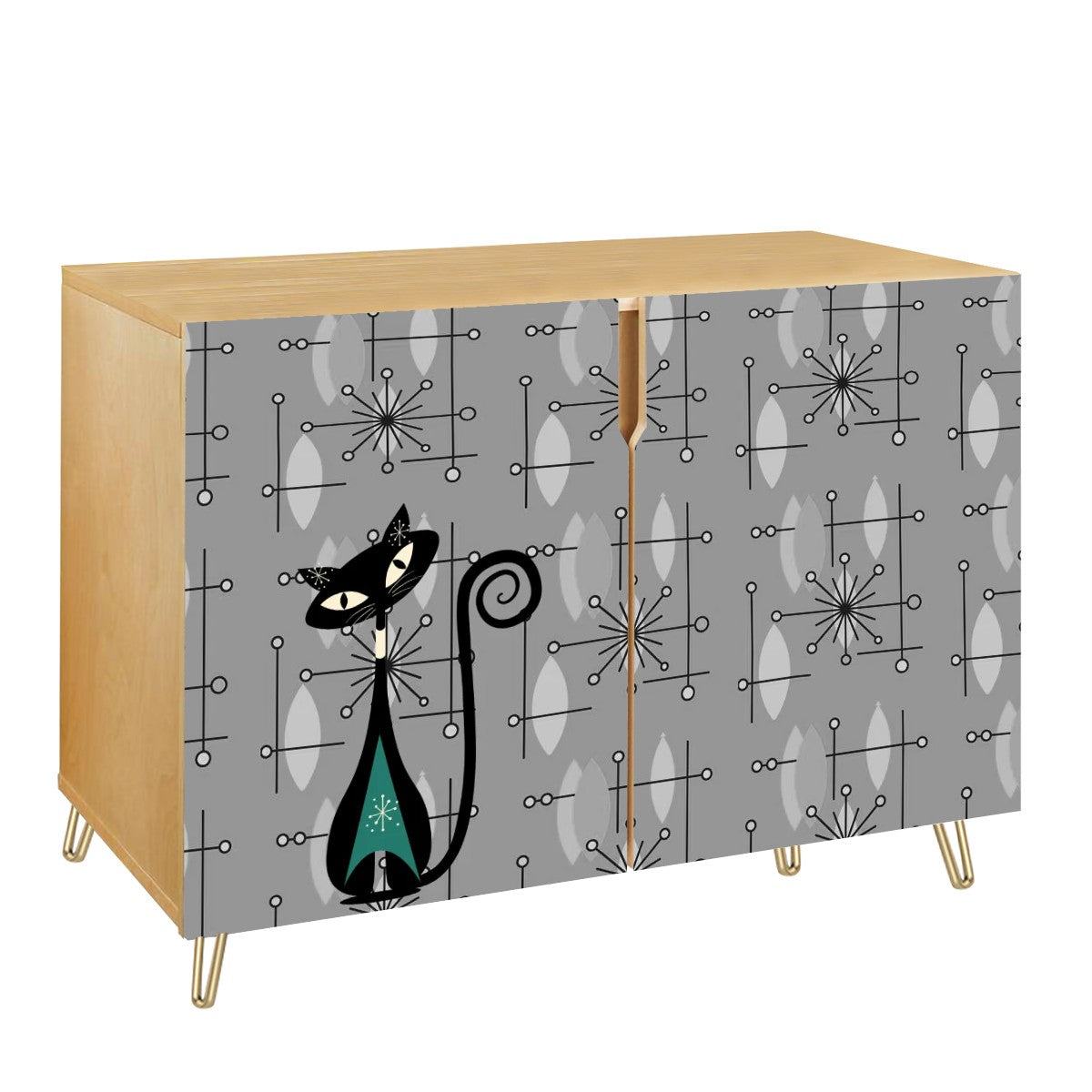 Mid Century Modern Moody Gray Atomic Cat Starbursts Wooden Storage Cabinet - Mid Century Modern Gal