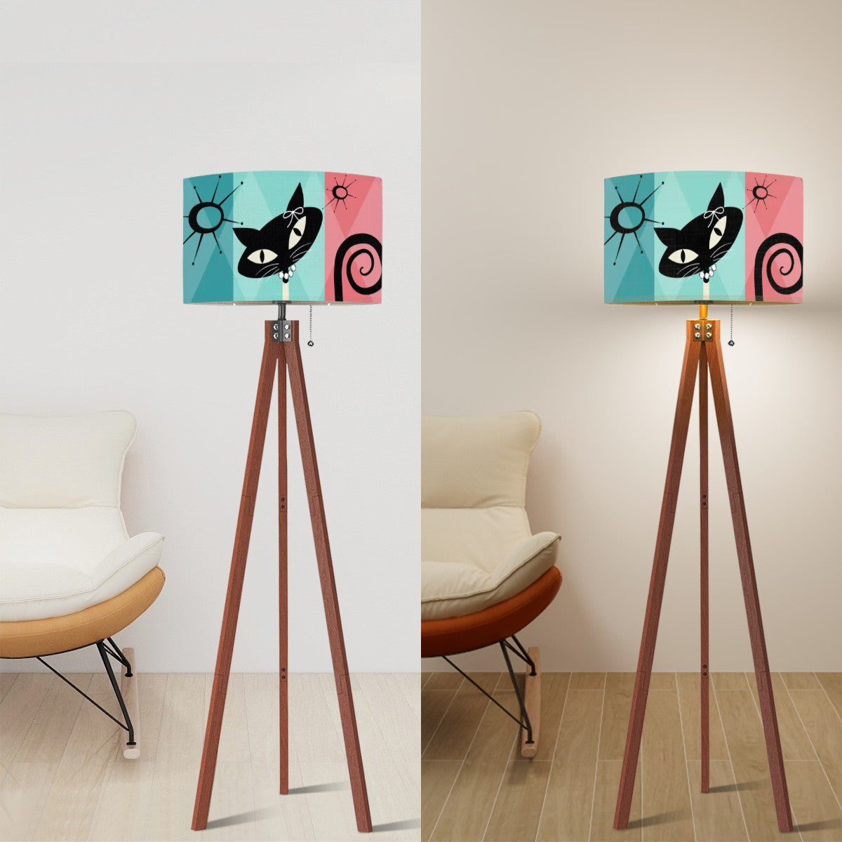 Atomic Cat Kitschy Mod MCM Tripod Floor Lamp, Pink, Aqua Teal - Mid Century Modern Gal