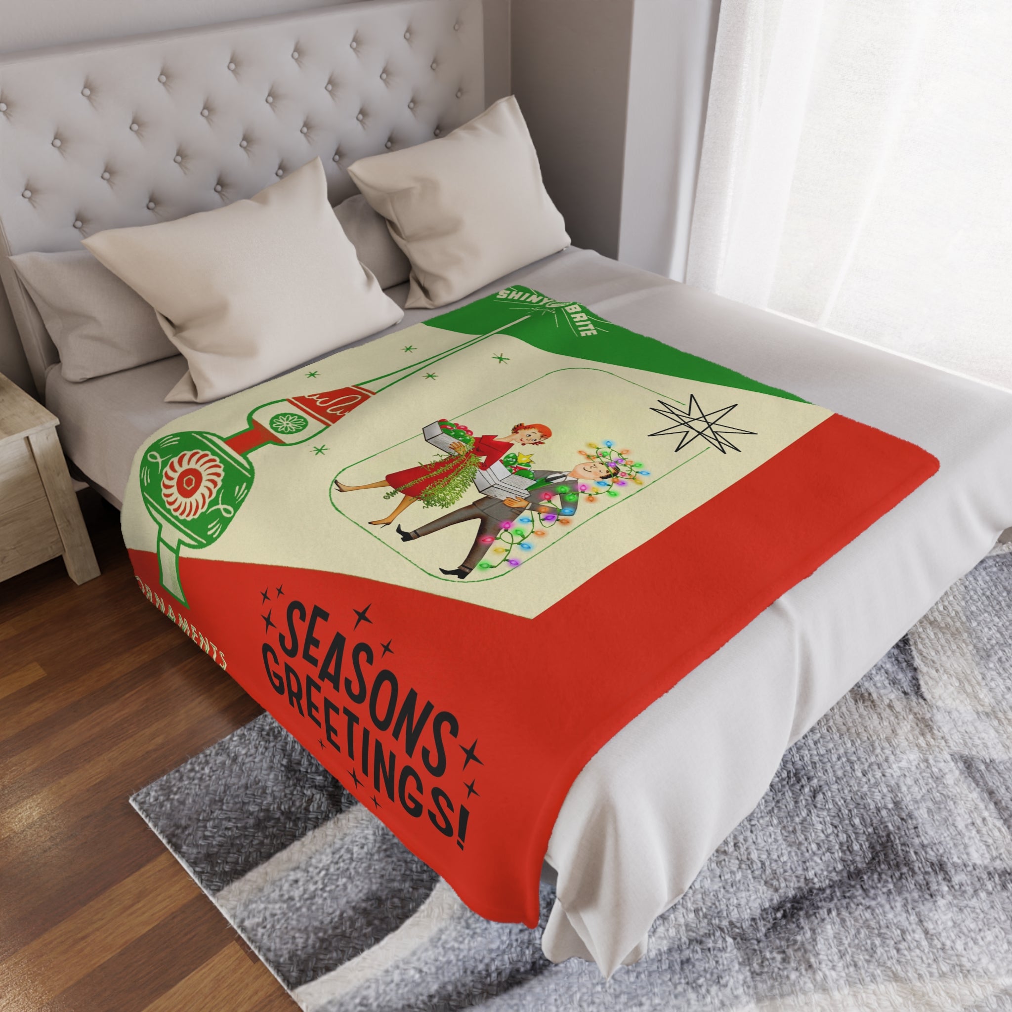 Shiny Brite Christmas Ornaments, Kitschy Mid Century Christmas Velveteen Blanket - Mid Century Modern Gal