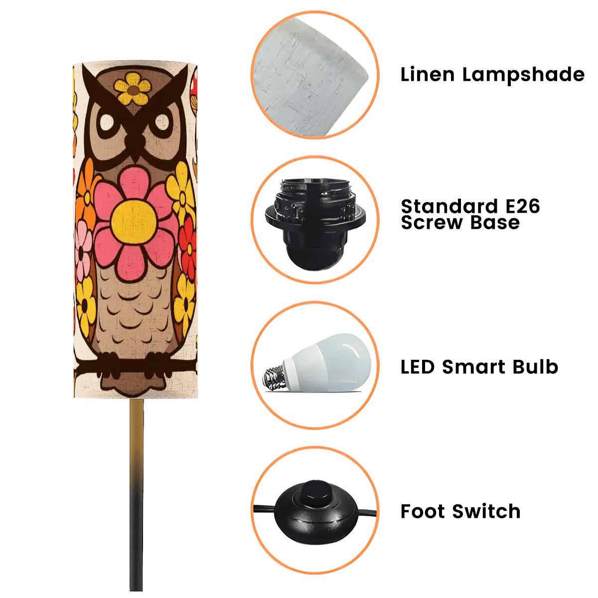 Mushroom Owl, Retro Mid Mod Flower Power 70s Home Decor Slim Floor Lamp - Mid Century Modern Gal