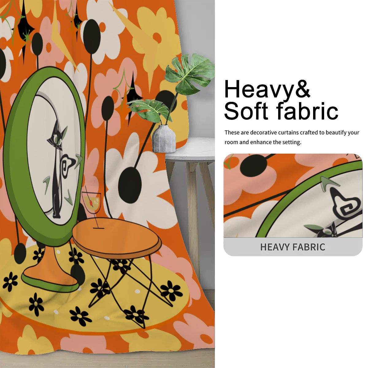 Retro Flower Power Pop Of Orange, Fun Funky Atomic Cat In Egg Chair Blackout Curtains 2 pcs - Mid Century Modern Gal