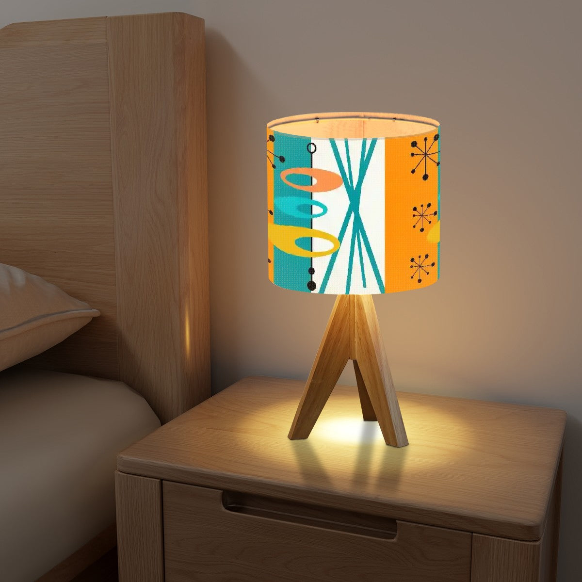 Mid Century Modern Tripod Table Lamp, Orange, Teal, Starbursts Googie Designs - Mid Century Modern Gal