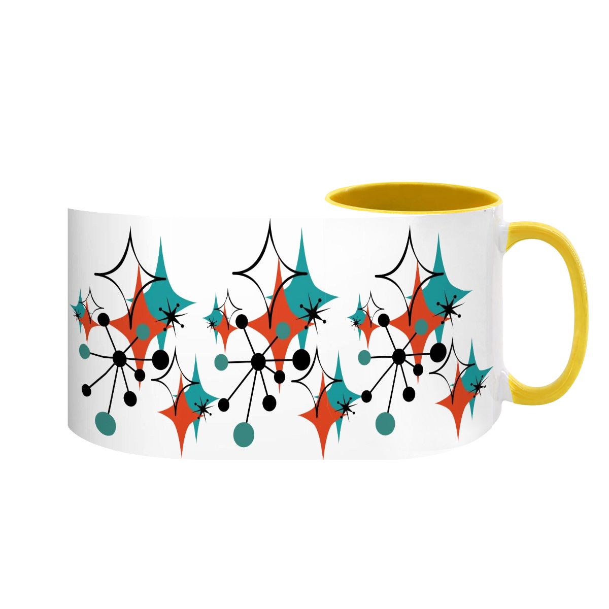 Large 15oz mug featuring a colorful mid-century modern atomic starburst design in teal, orange, and black with a yellow interior.