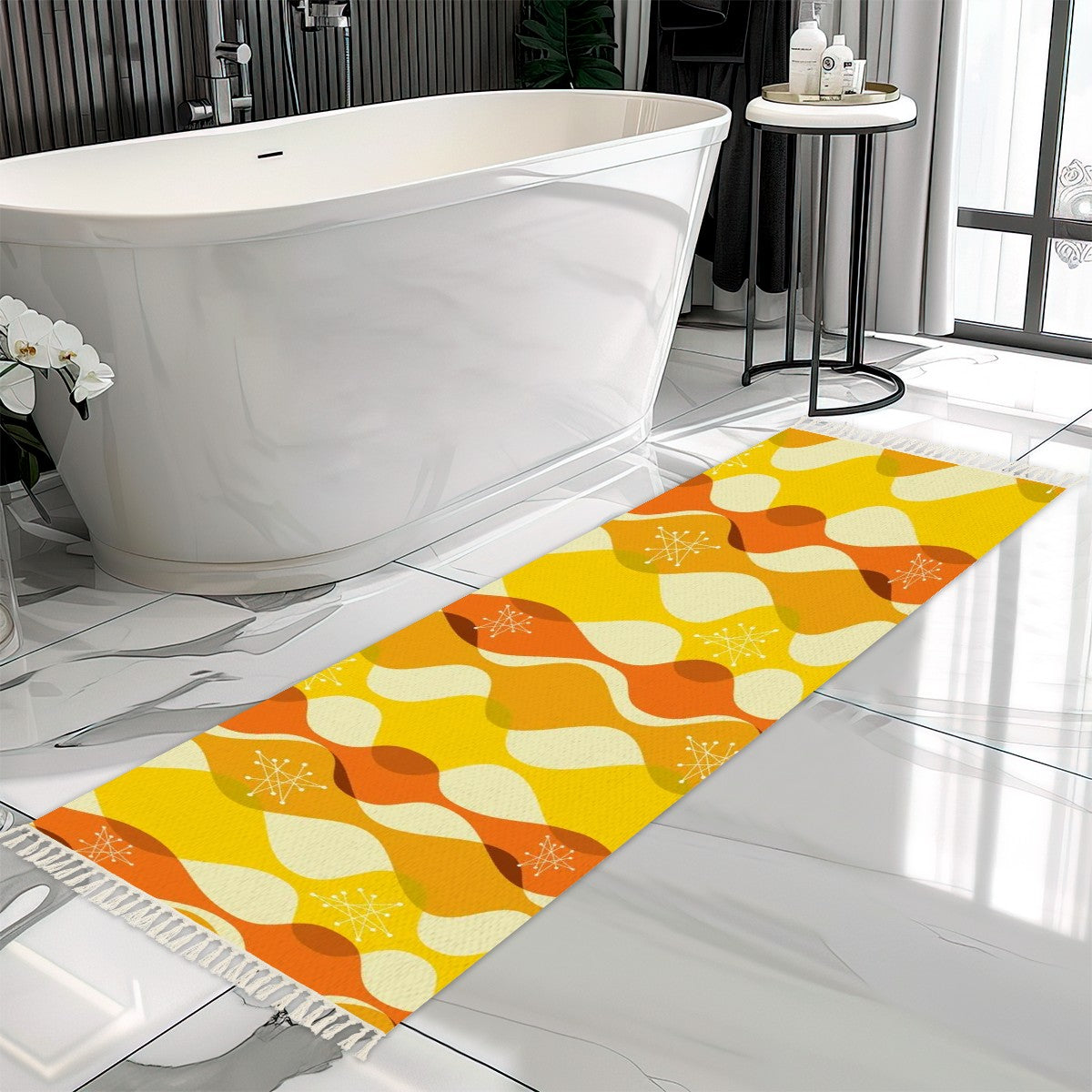 Mid Century Modern Mustard Yellow, Orange Starburst Retro Tassel Rug - Mid Century Modern Gal