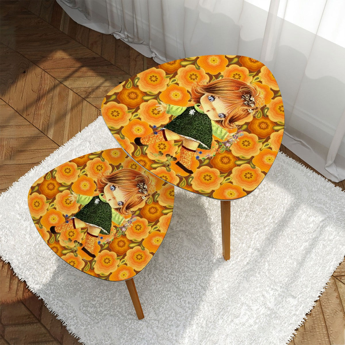 Retro 70s Vintage Big Eyed Girl, Marigolds Flower Power Nesting Tables - Mid Century Modern Gal