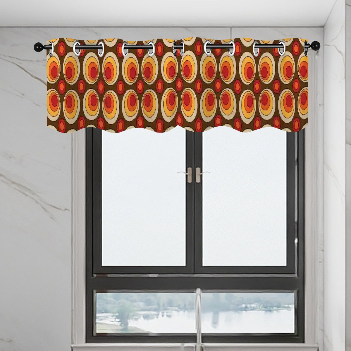 Retro Mod 70s Groovy Space Orbs Orange, Brown Curtain Valances - Mid Century Modern Gal