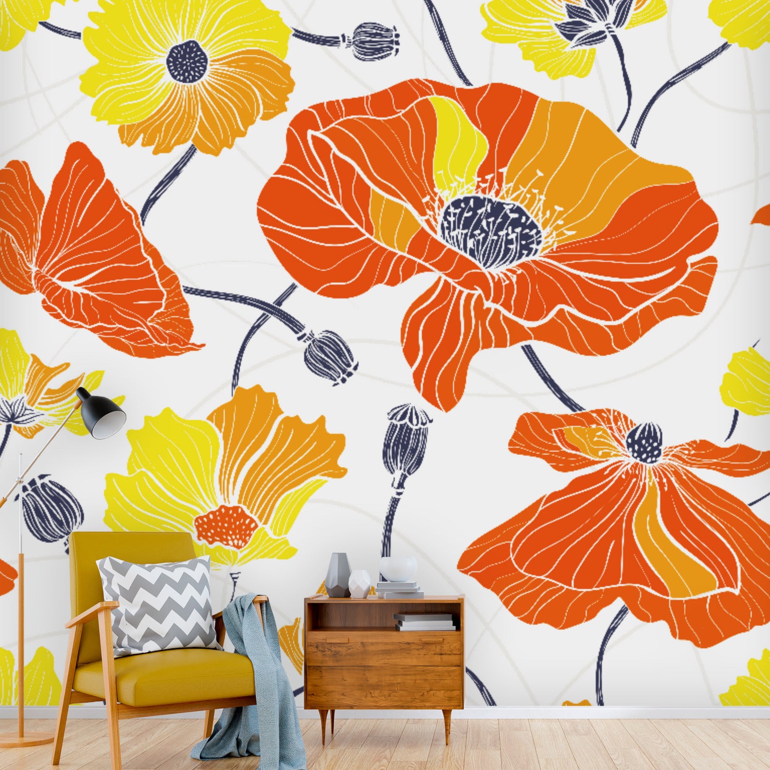 Vintage Poppy Orange Yellow Retro Florals, Mid Century Modern Wall Murals - Mid Century Modern Gal