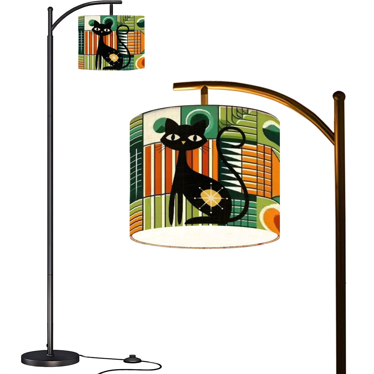 Atomic Cat Mid Century Modern Arc Floor Lamp, Geometric Green, Orange Mid Mod Lighting - Mid Century Modern Gal