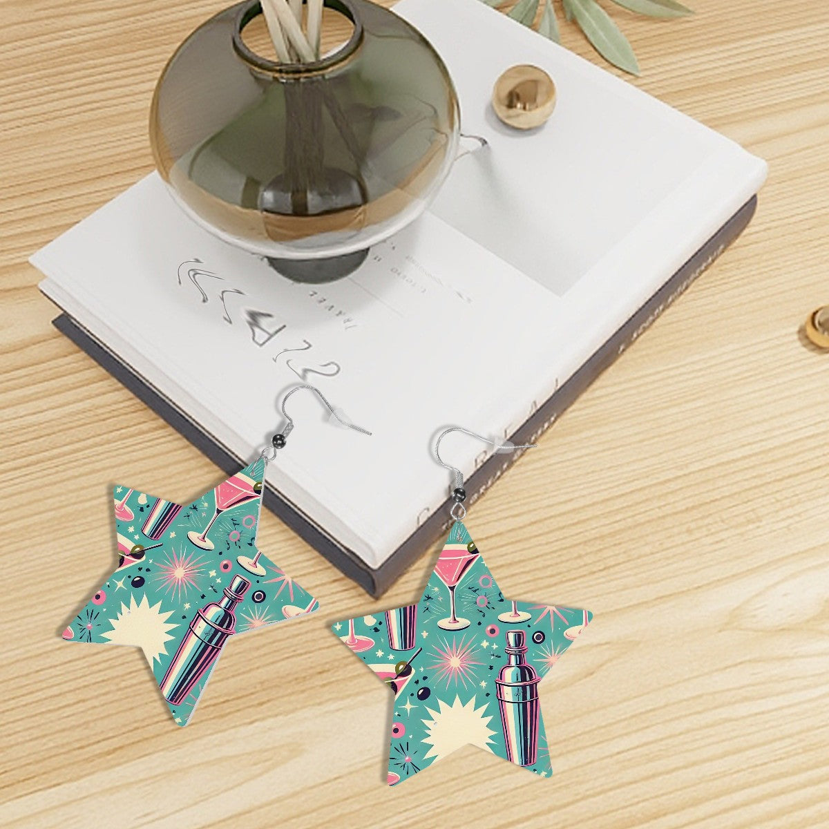 Atomic Mod Martini Cocktail Retro Vegan Leather Star Earrings - Mid Century Modern Gal