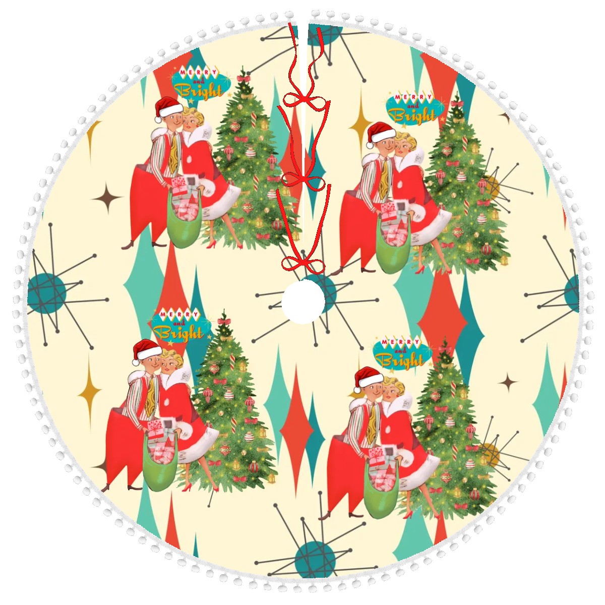 Mid Century Modern Kitschy Retro VIntage Christmas Tree Skirt With Pom Poms - Mid Century Modern Gal